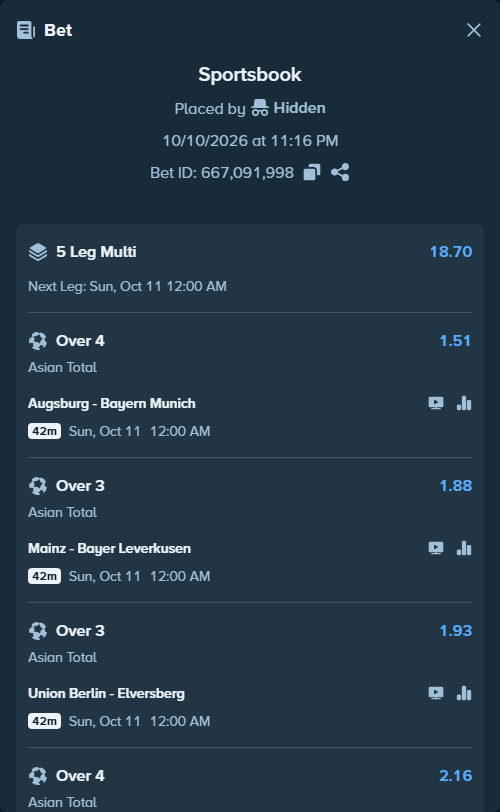 Bet slip: Augsburg - Bayern Munich, $20,000.00 stake at 1.51 odds, placed by Hidden