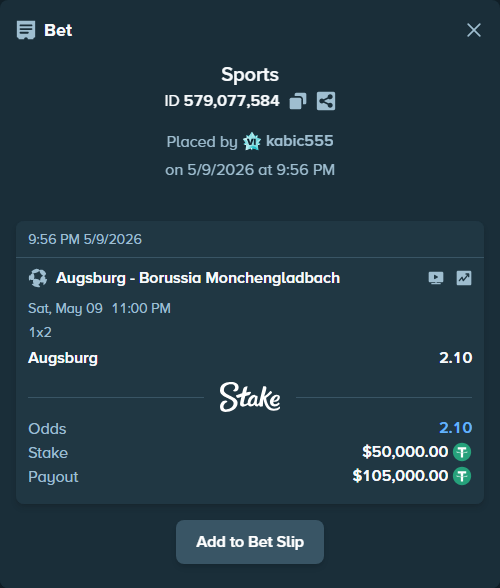 Bet slip: Augsburg - Borussia Monchengladbach, $50,000.00 stake at 2.10 odds, placed by kabic555