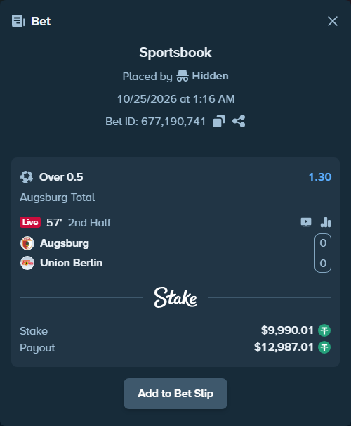 Bet slip: Augsburg - Union Berlin, $10,000.00 stake at 1.30 odds, placed by Jackpoor