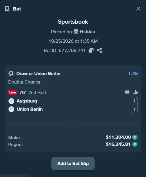 Bet slip: Augsburg - Union Berlin, $11,215.21 stake at 1.45 odds, placed by Jdaxeleboss