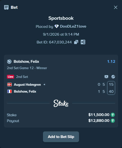 Bet slip: August Holmgren - Balshaw, Felix, $11,500.00 stake at 1.12 odds, placed by DooDLeZ1love