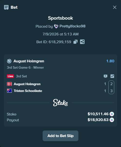Bet slip: August Holmgren - Tristan Schoolkate, $9,892.09 stake at 1.80 odds, placed by Prettylfacko98