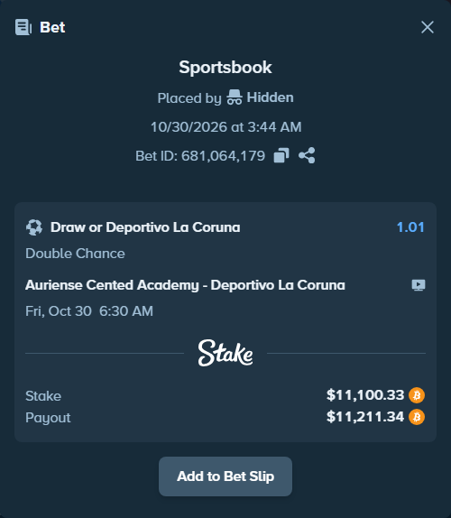 Bet slip: Auriense Cented Academy - Deportivo La Coruna, $10,527.27 stake at 1.01 odds, placed by megah29