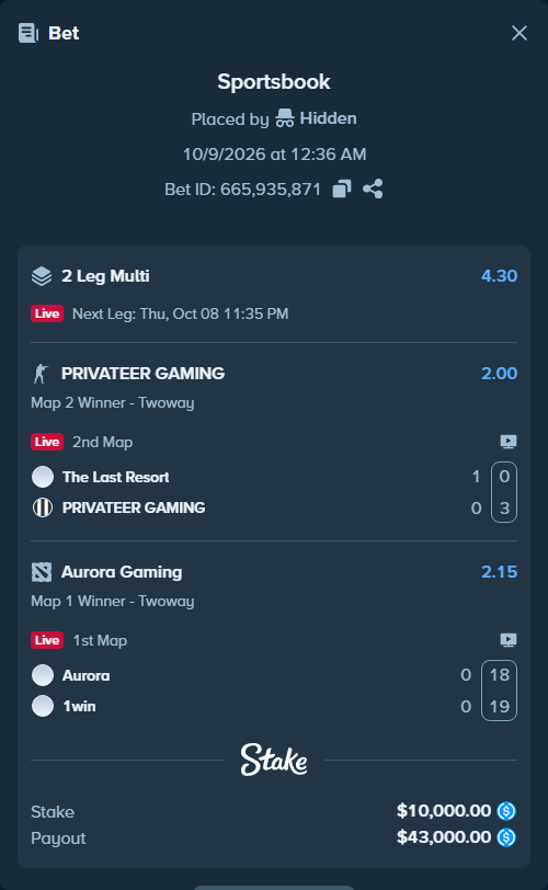 Bet slip: Aurora Gaming - 1win, $10,000.00 stake at 2.15 odds, placed by Hidden