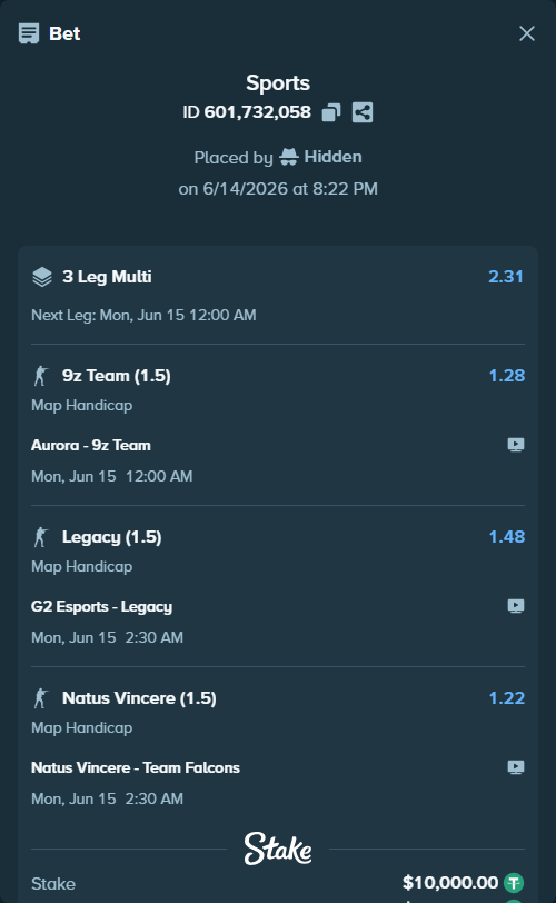 Bet slip: Aurora Gaming - 9z Team, $10,010.00 stake at 1.28 odds, placed by Hidden