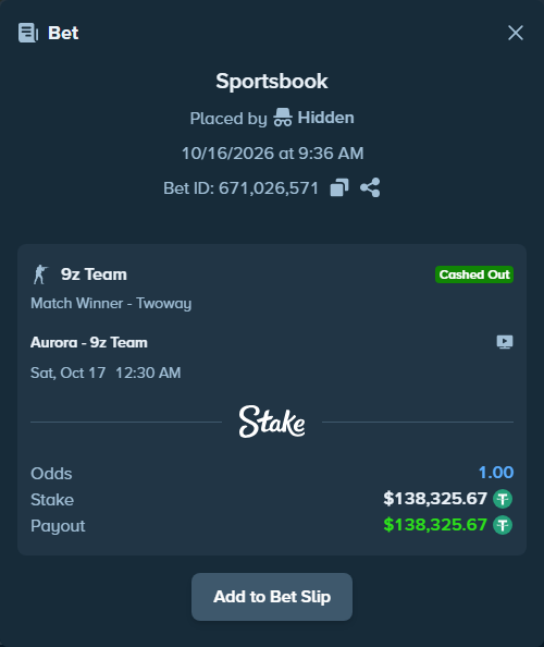 Bet slip: Aurora Gaming - 9z Team, $138,464.00 stake at 2.70 odds, placed by Mnt41