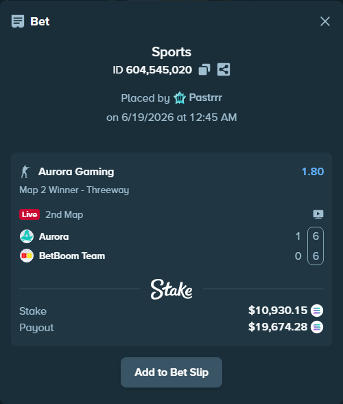 Bet slip: Aurora Gaming - BetBoom Team, $11,094.91 stake at 1.80 odds, placed by Pastrrr
