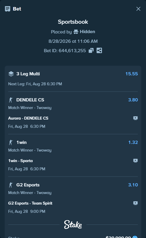 Bet slip: Aurora Gaming - DENDELE CS, $20,000.00 stake at 3.80 odds, placed by Hidden
