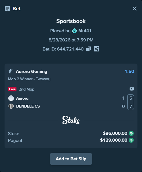 Bet slip: Aurora Gaming - DENDELE CS, $86,000.00 stake at 1.50 odds, placed by Mnt41