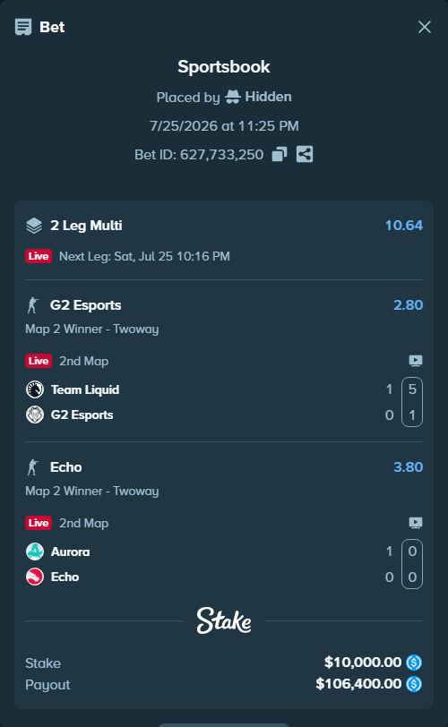 Bet slip: Aurora Gaming - Echo, $10,000.00 stake at 3.80 odds, placed by Hidden