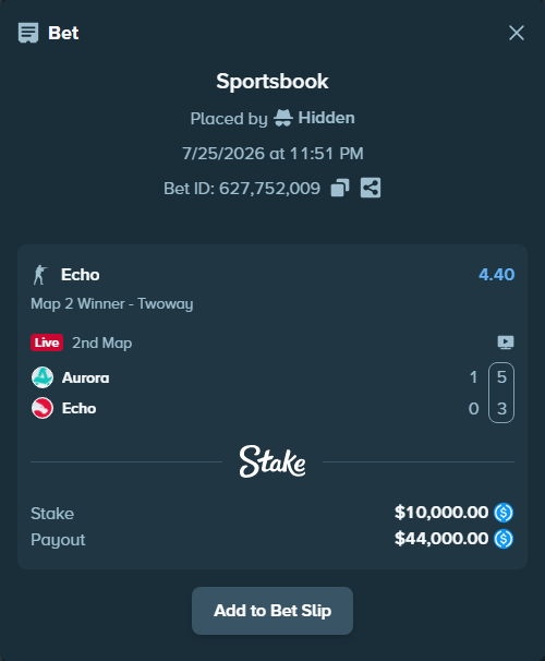 Bet slip: Aurora Gaming - Echo, $10,000.00 stake at 4.40 odds, placed by Hidden