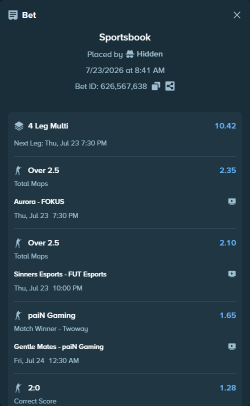 Bet slip: Aurora Gaming - FOKUS, $10,003.99 stake at 2.35 odds, placed by Hidden