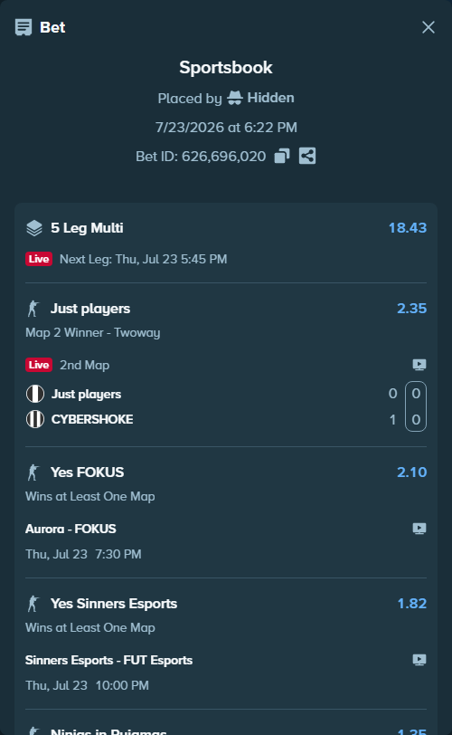 Bet slip: Aurora Gaming - FOKUS, $14,083.45 stake at 2.10 odds, placed by Hidden