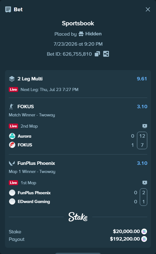 Bet slip: Aurora Gaming - FOKUS, $18,705.26 stake at 3.10 odds, placed by Hidden