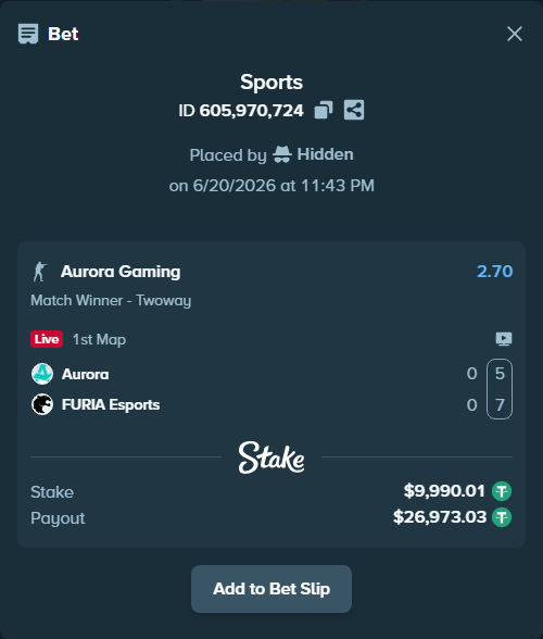 Bet slip: Aurora Gaming - FURIA Esports, $10,000.00 stake at 2.70 odds, placed by Hidden