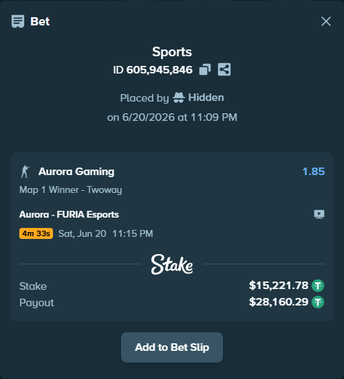 Bet slip: Aurora Gaming - FURIA Esports, $15,237.00 stake at 1.85 odds, placed by Hidden