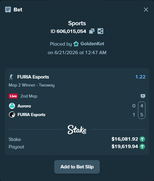 Bet slip: Aurora Gaming - FURIA Esports, $16,098.00 stake at 1.22 odds, placed by GoldenKot