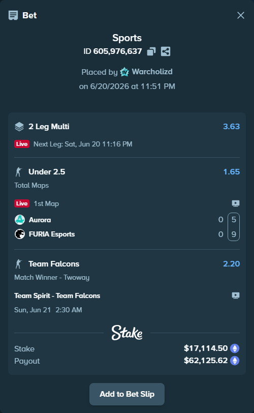 Bet slip: Aurora Gaming - FURIA Esports, $15,722.90 stake at 1.65 odds, placed by Warcholizd