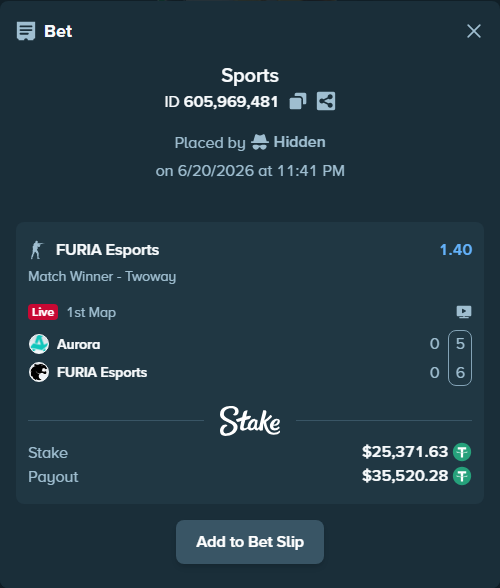 Bet slip: Aurora Gaming - FURIA Esports, $25,397.00 stake at 1.40 odds, placed by Hidden