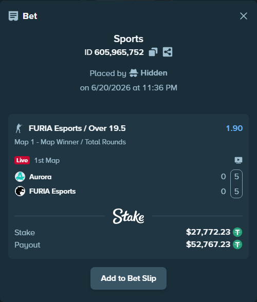 Bet slip: Aurora Gaming - FURIA Esports, $27,800.00 stake at 1.90 odds, placed by Hidden