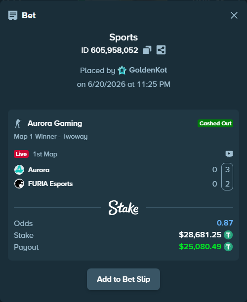 Bet slip: Aurora Gaming - FURIA Esports, $28,709.93 stake at 1.85 odds, placed by GoldenKot