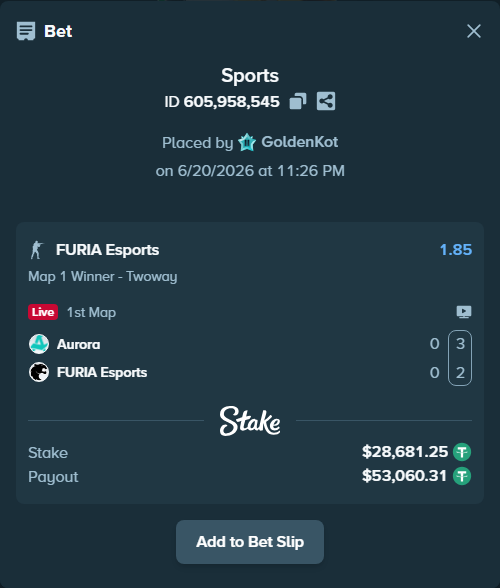 Bet slip: Aurora Gaming - FURIA Esports, $28,709.93 stake at 1.85 odds, placed by GoldenKot