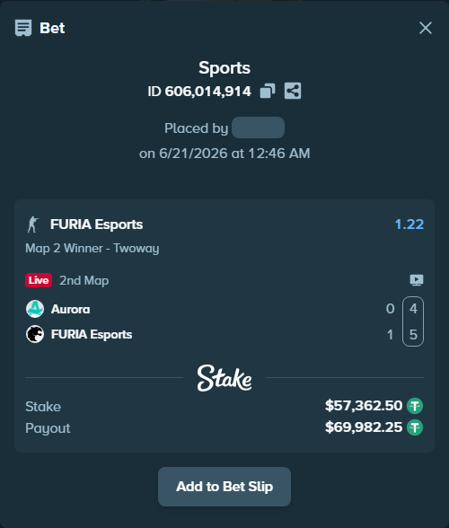 Bet slip: Aurora Gaming - FURIA Esports, $57,419.86 stake at 1.22 odds, placed by GoldenKot