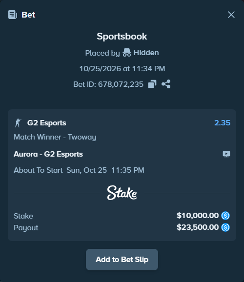 Bet slip: Aurora Gaming - G2 Esports, $10,000.00 stake at 2.35 odds, placed by dumanskyi