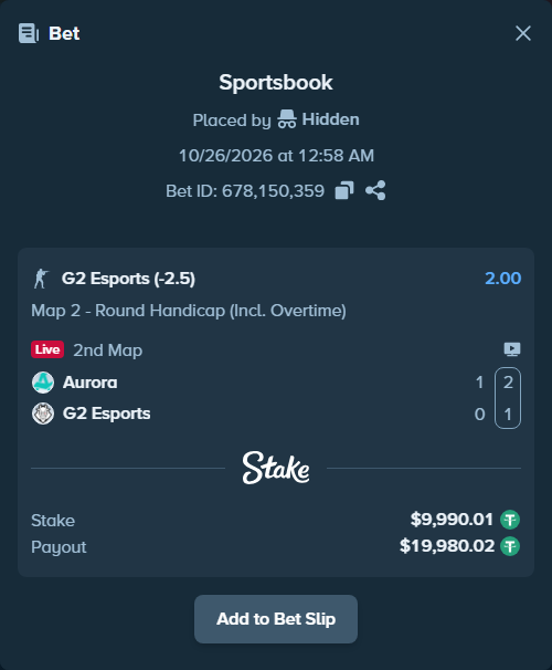 Bet slip: Aurora Gaming - G2 Esports, $10,000.00 stake at 2.00 odds, placed by jxd1314