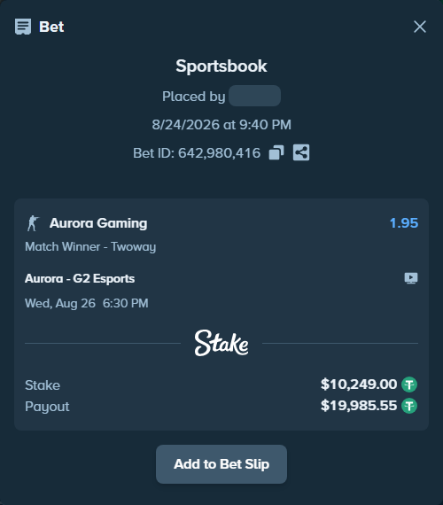 Bet slip: Aurora Gaming - G2 Esports, $10,249.00 stake at 1.95 odds, placed by GoldenKot