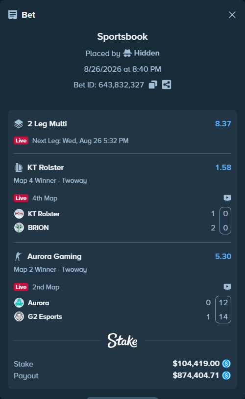 Bet slip: Aurora Gaming - G2 Esports, $104,419.00 stake at 5.30 odds, placed by Hidden