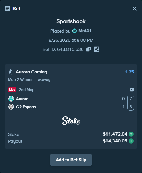 Bet slip: Aurora Gaming - G2 Esports, $11,472.04 stake at 1.25 odds, placed by Mnt41