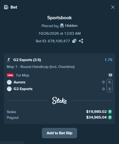 Bet slip: Aurora Gaming - G2 Esports, $20,000.00 stake at 1.75 odds, placed by jxd1314
