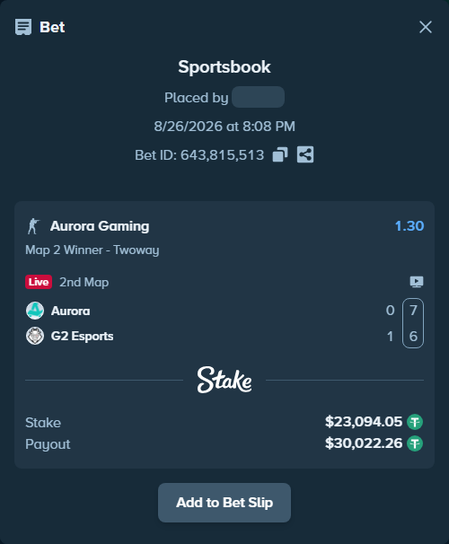 Bet slip: Aurora Gaming - G2 Esports, $23,094.05 stake at 1.30 odds, placed by Mnt41