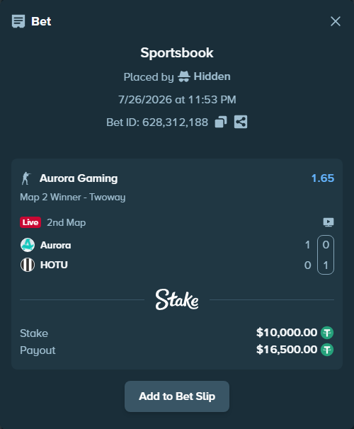 Bet slip: Aurora Gaming - HOTU, $10,000.00 stake at 1.65 odds, placed by Hidden