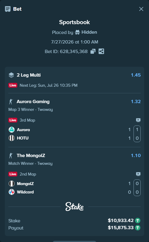 Bet slip: Aurora Gaming - HOTU, $10,933.42 stake at 1.32 odds, placed by Hidden