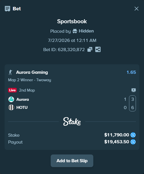 Bet slip: Aurora Gaming - HOTU, $11,790.00 stake at 1.65 odds, placed by Hidden