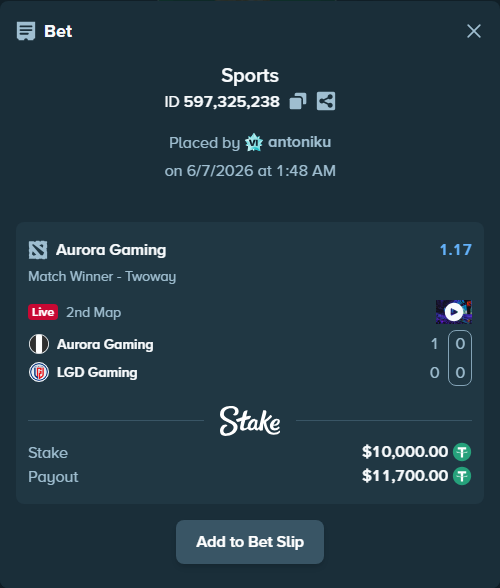 Bet slip: Aurora Gaming - LGD Gaming, $10,000.00 stake at 1.17 odds, placed by antoniku