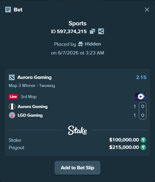 Bet slip: Aurora Gaming - LGD Gaming, $100,000.00 stake at 2.15 odds, placed by Hidden