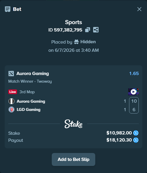 Bet slip: Aurora Gaming - LGD Gaming, $10,982.00 stake at 1.65 odds, placed by Hidden