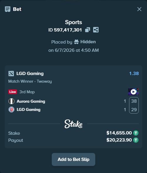 Bet slip: Aurora Gaming - LGD Gaming, $14,655.00 stake at 1.38 odds, placed by Hidden