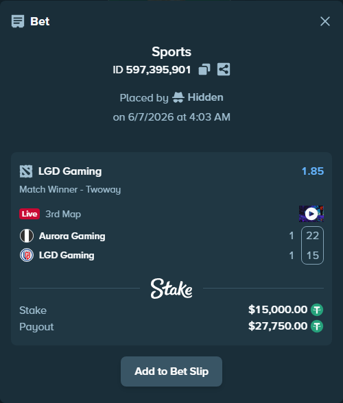 Bet slip: Aurora Gaming - LGD Gaming, $15,000.00 stake at 1.85 odds, placed by Hidden