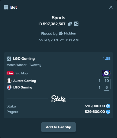 Bet slip: Aurora Gaming - LGD Gaming, $16,000.00 stake at 1.85 odds, placed by Hidden