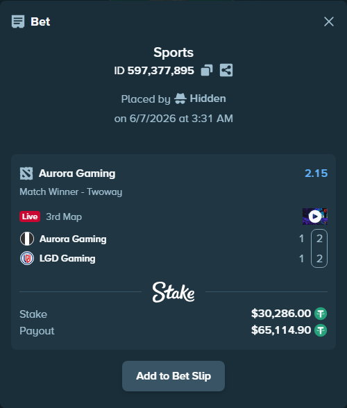 Bet slip: Aurora Gaming - LGD Gaming, $30,286.00 stake at 2.15 odds, placed by Hidden