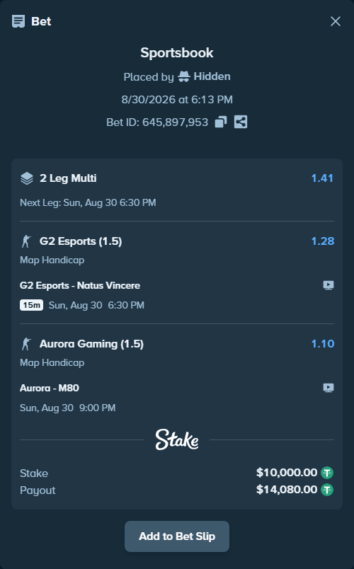 Bet slip: Aurora Gaming - M80, $10,000.00 stake at 1.10 odds, placed by Hidden