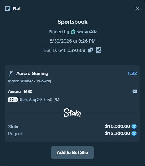 Bet slip: Aurora Gaming - M80, $10,000.00 stake at 1.32 odds, placed by winers26