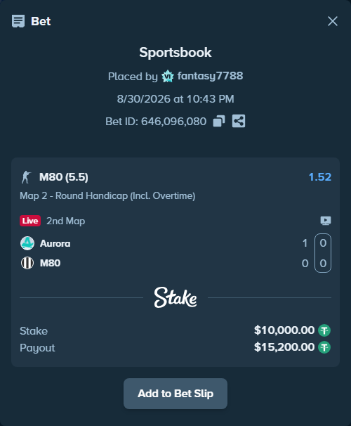 Bet slip: Aurora Gaming - M80, $10,000.00 stake at 1.52 odds, placed by fantasy7788