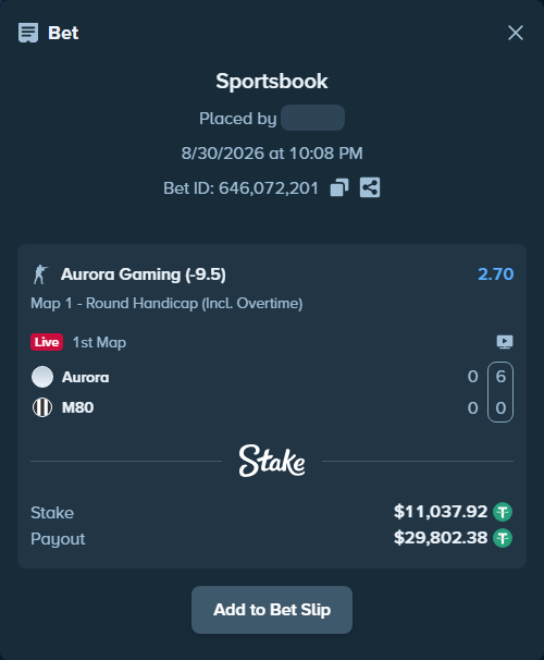 Bet slip: Aurora Gaming - M80, $11,037.92 stake at 2.70 odds, placed by Erneststake