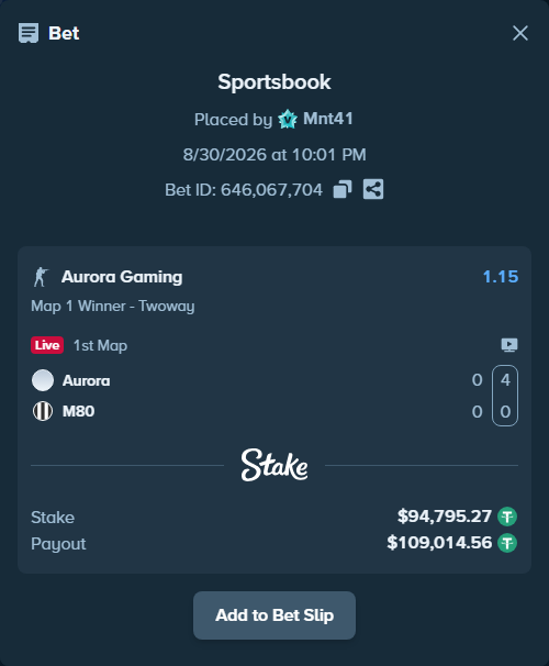Bet slip: Aurora Gaming - M80, $94,795.27 stake at 1.15 odds, placed by Mnt41