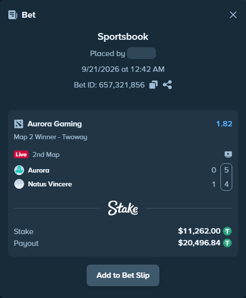 Bet slip: Aurora Gaming - Natus Vincere, $11,262.00 stake at 1.82 odds, placed by 2marmot9